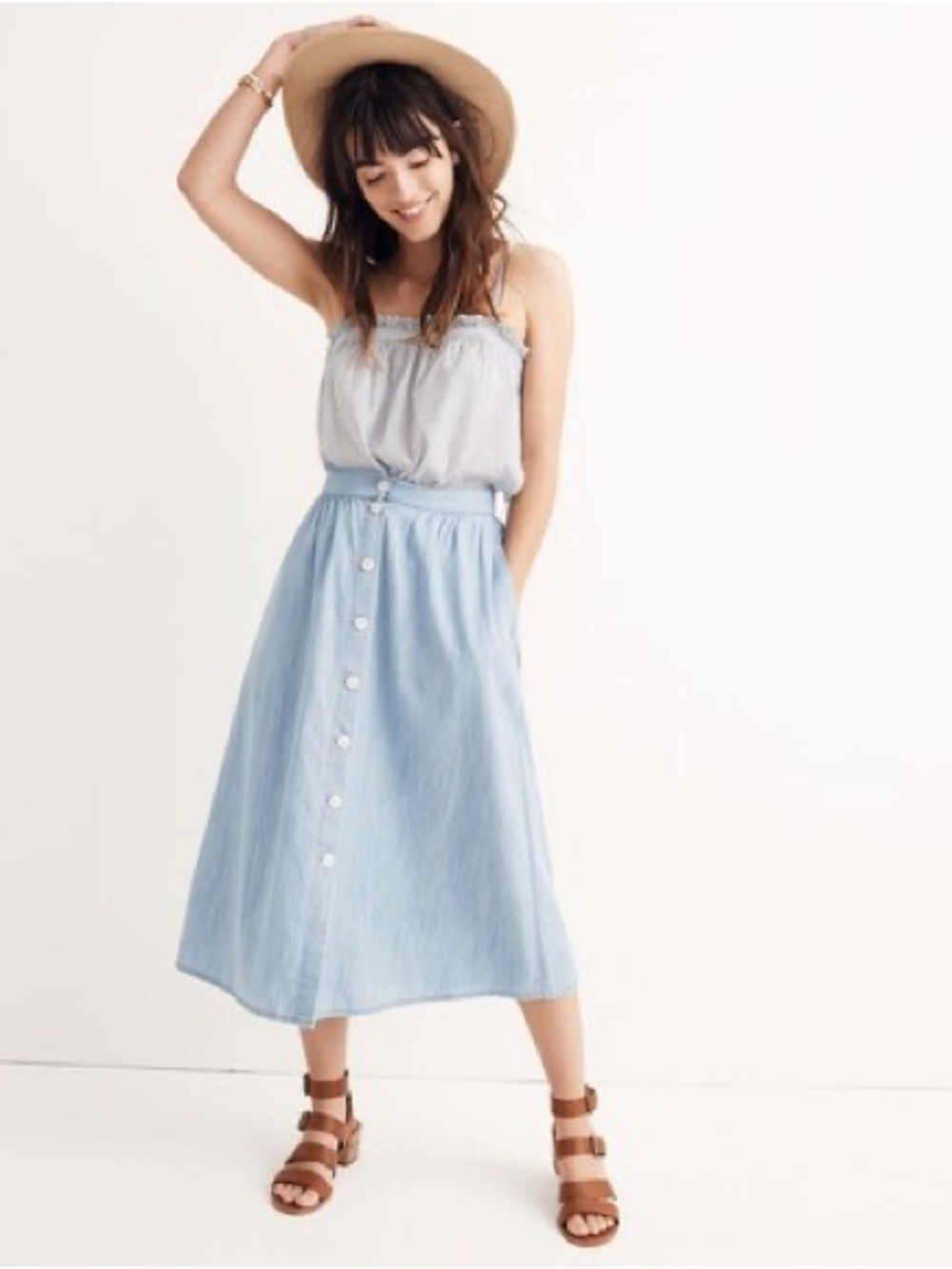 Madewell Chambray Patio Button-Front Midi Skirt Women’s Skirts